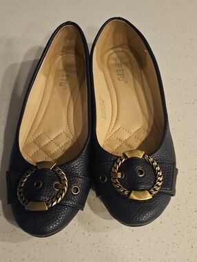 Navy Ballet Flats with Gold Rope Buckle